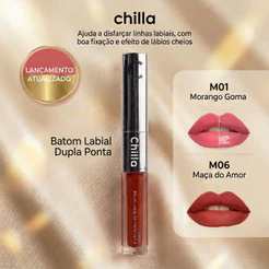 Chilla 6 Cores Batom Líquido Duo3D-Matte de Um Lado e Brilho do Outro, Longa Duração, À Prova D'água