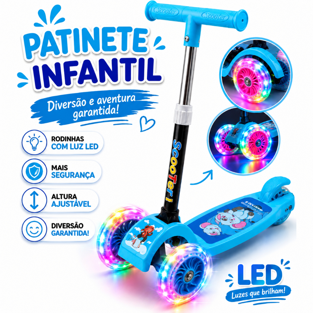 Patinete Infantil 3 Rodas Acende Luz De Led Scooter Dobrável Brinquedo Criança Ajustavel Menino Azul
