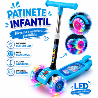Patinete Infantil Com Luz De Led Scooter Dobrável Brinquedo Criança Ajustavel 3 Rodas Menino Azul