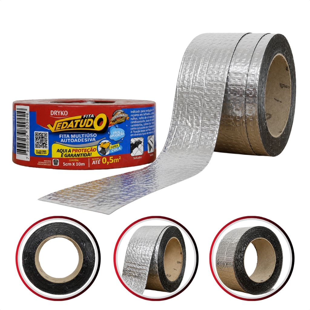 Fita Autoadesiva Aluminizada 5cm x 10m Dryko Manta Asfáltica Impermeável Vedatudo UV Telhado Telha