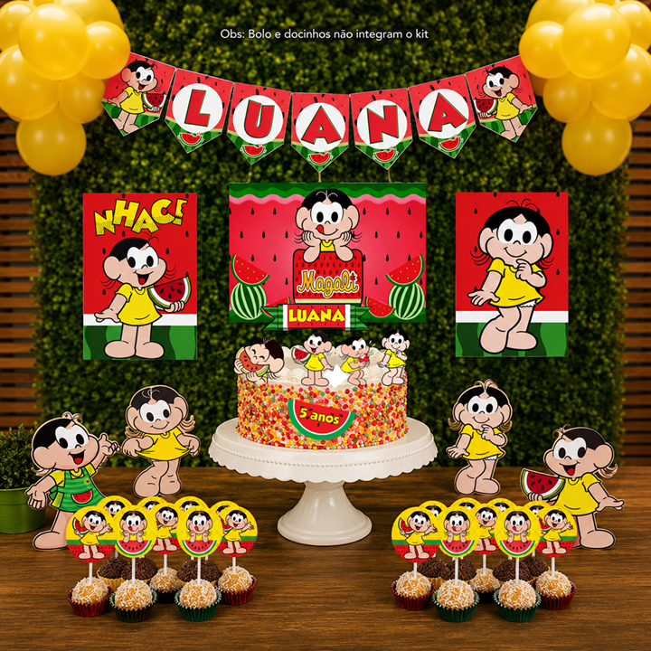 Kit festa em casa personalizado Magali 17 itens + 1 topo de bolo + bandeirolas