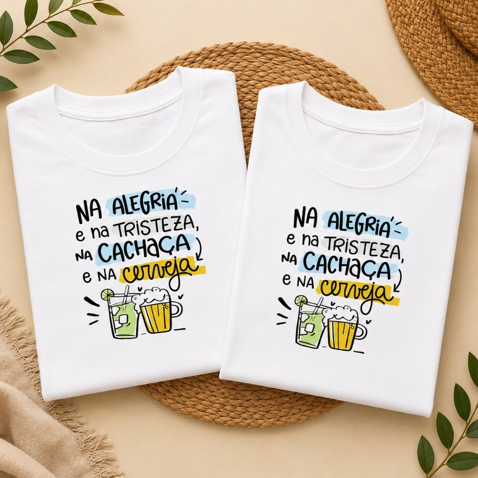 Kit Camisetas Casal Frases Divertidas Na Alegria Na Cachaça e na Cerveja Com 2 Peças