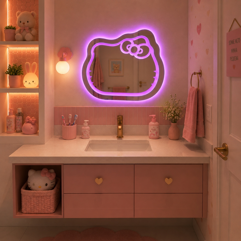 Espelho Gatinho Kitty LED 70x65 Infantil Decorativo Controle 3 Cores Vidro Premium