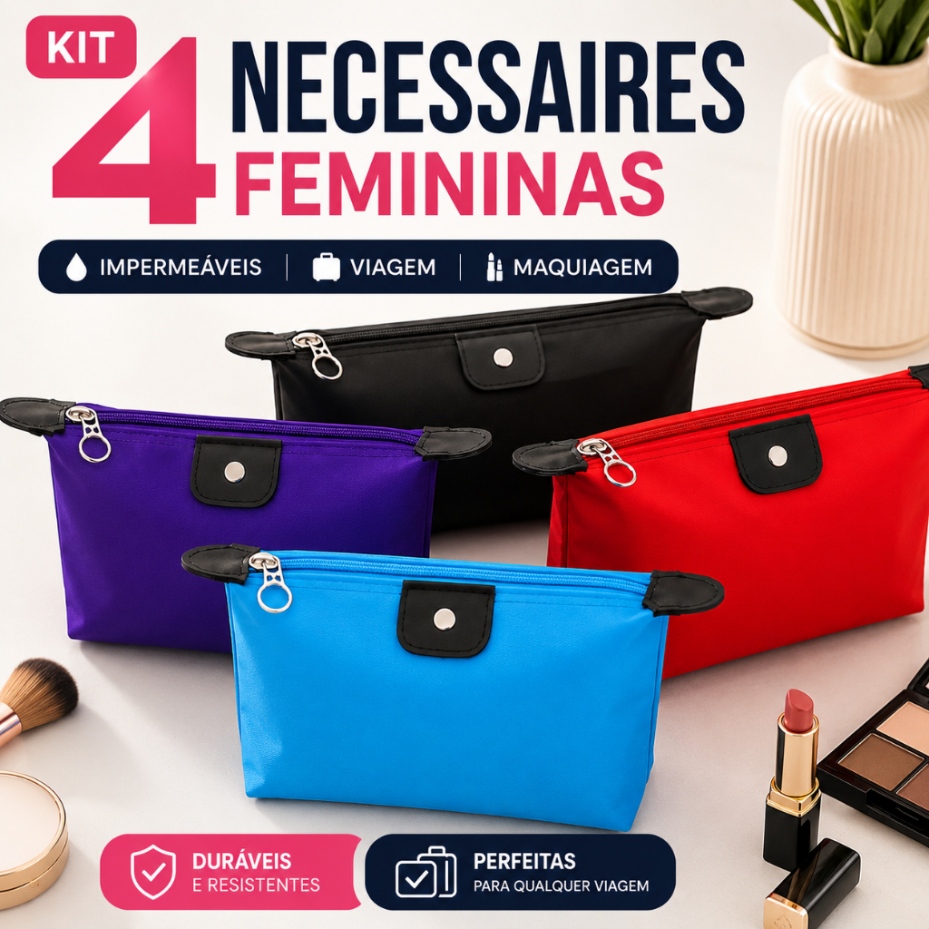 Kit Necessaire Feminina 4 Peças Impermeável Organizadora de Maquiagem e Viagem