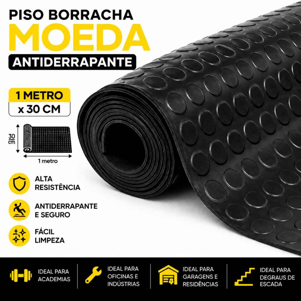 Tapete Borracha Antiderrapante Piso Moeda 1m x 30cm Academia Oficina Garagem Degraus Escada