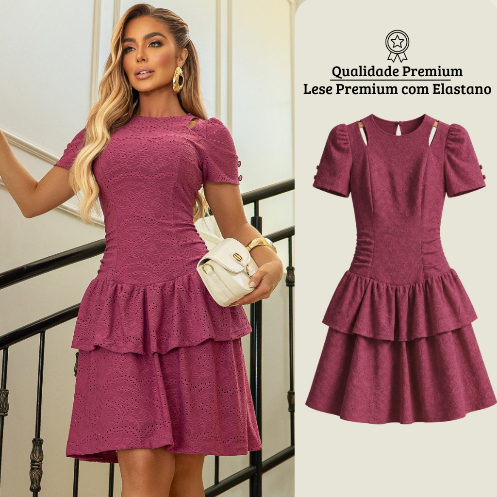 Vestido Midi Elegante Babado Social com Elastano Moderno Sofisticado Forrado