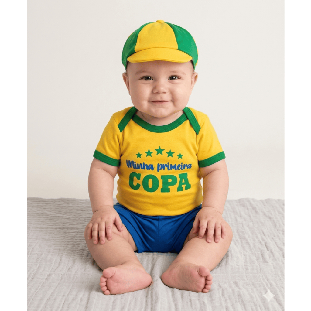 Body Infantil Bebe Brasil Primeira Copa Temático Copa do Mundo Roupa Mêsversario Para Menino Menina