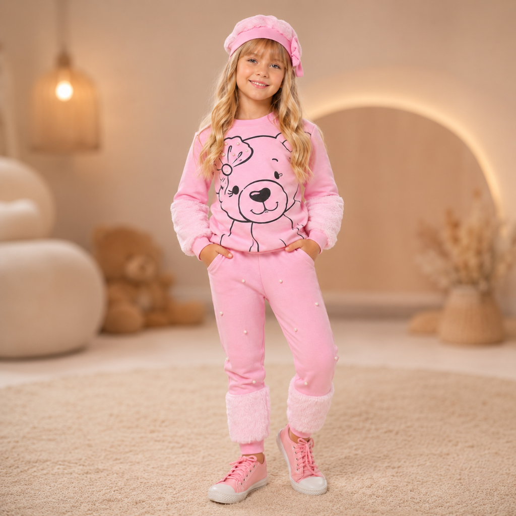 Conjunto Moletom Com Pérolas Menina Inverno Frio Blusa Boina Calça Urso Fofo Peluciado Delicado Passeio Presente