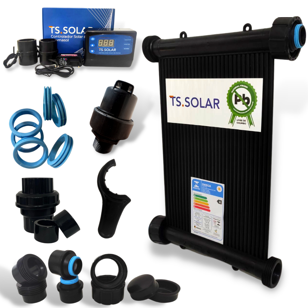Aquecedor Solar Piscina Completo TS Solar 1 Placa 3m Kit Fechamento + Controlador Digital + Válvulas