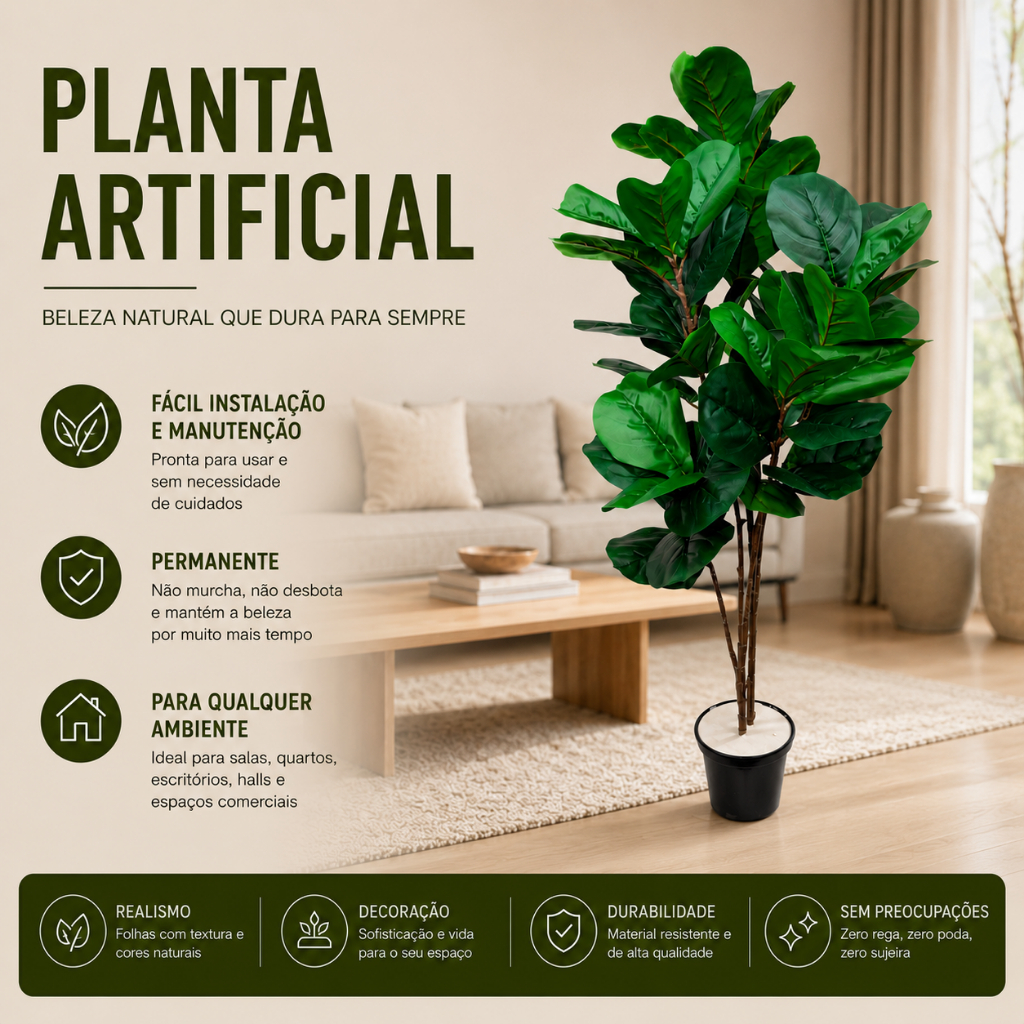 Planta Arvore Artificial Ficus Lyrata 100CM Realista Decorativa  Toque Real Realista