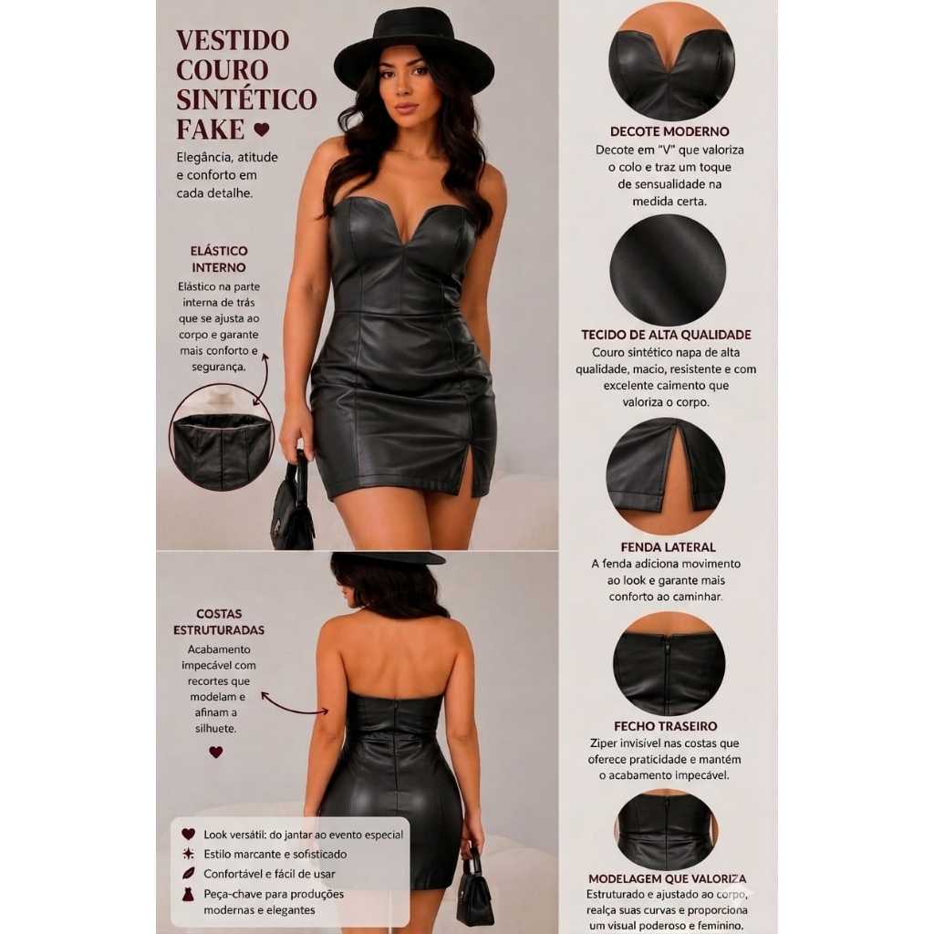 !!TENDENCIA!! Vestido Couro Ecológico curto Tomara que Caia + cupom de desconto !!Look Balada moda inverno 2026