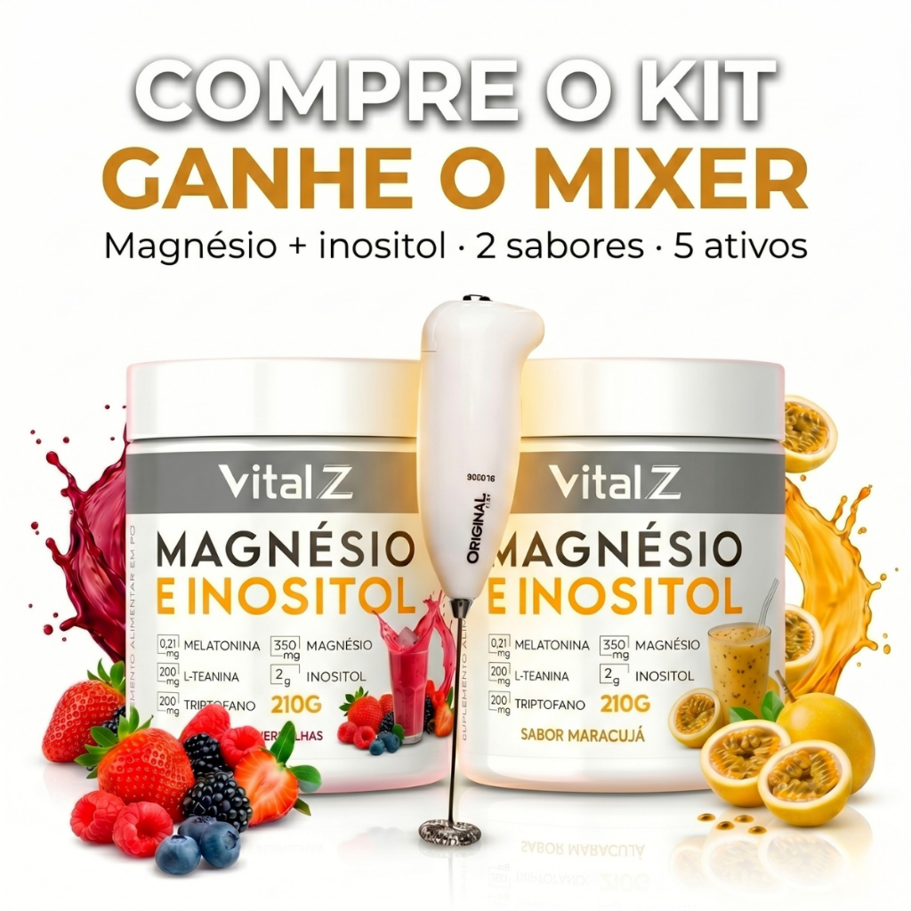 Kit 2 Magnésio e Inositol em 2 Sabores Maracujá e Frutas Vermelhas com MIXER BRINDE