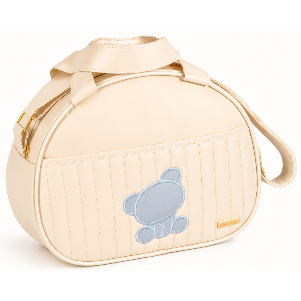 Bolsa Maternidade pequena Bege com Urso Bordado Azul Bebê