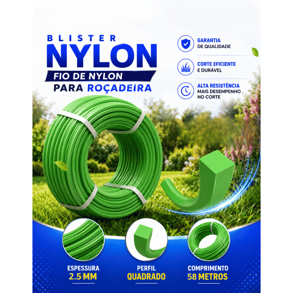 Blister Rolo Fio de Nylon Verde Nikamaq Perfil Quadrado 2,5mm 58 Metros 0,420Kg Para Roçadeiras
