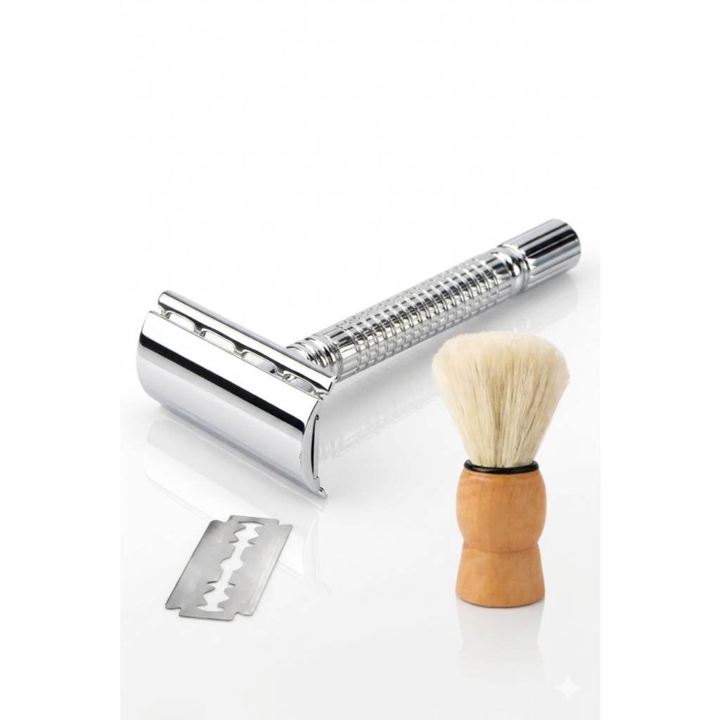 Kit Aparelho de Barbear Clássico Metal Inox +Pincel +Lâmina - Barbear Profissional Vintage Barbear