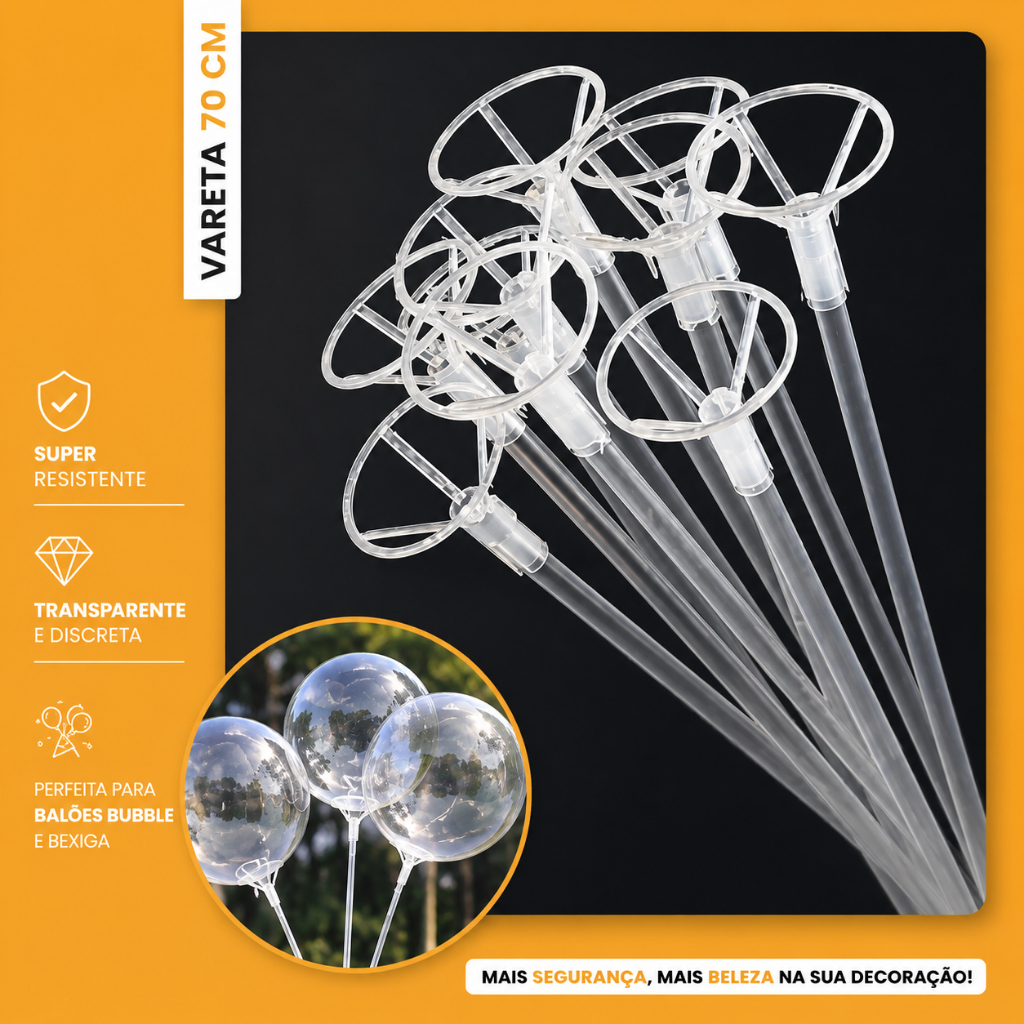 Kit 10 Varetas 70 cm para Balões Bubble Beixa Látex Pega balão Suporte para Centro de Mesa Decoração