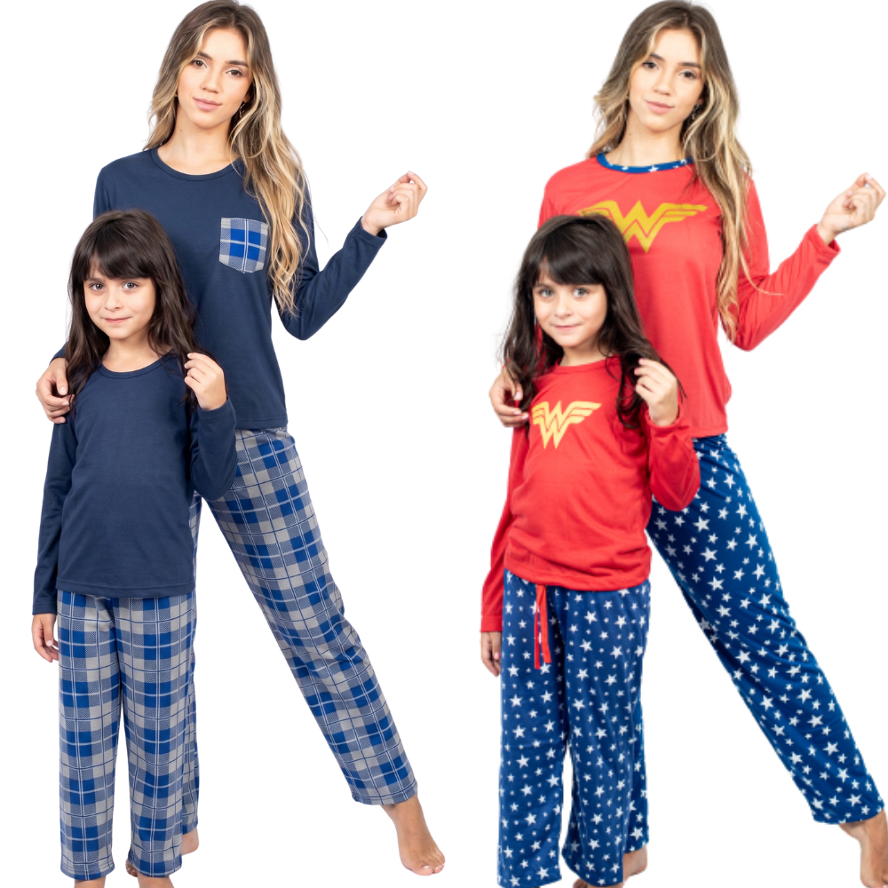 2 Pijamas Inverno Longo Mãe E Filha Estampado Mulher Maravilha Netflix/ Tal mãe Tal Filha