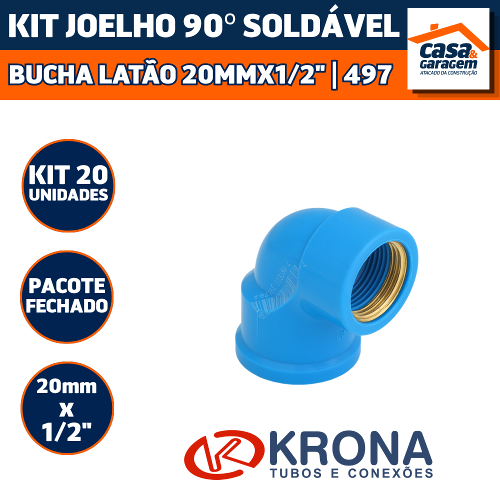 Kit Com 20 Joelho 90º Soldável Azul Bucha Latão 20mm X 1/2'' 497 Krona Conexão H