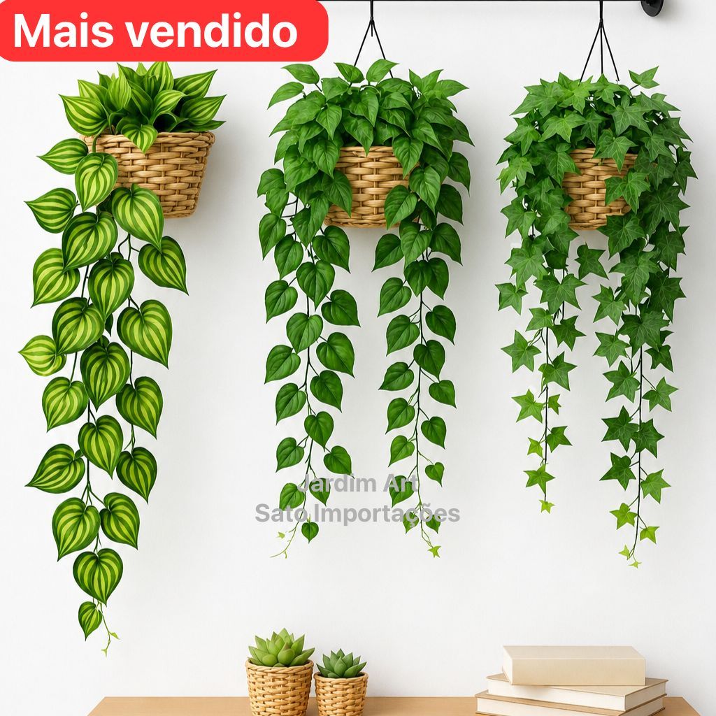 Arranjinho C/ 3 Trepadeira Folha De Hera + Vaso Trançado BEGE OFFWHITE