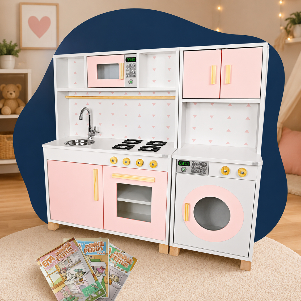 Imagem Cozinha Infantil Máquina de Lavar Madeira Rosa Bebê Brinquedo Faz de Conta Chef Kit Livro Educativo