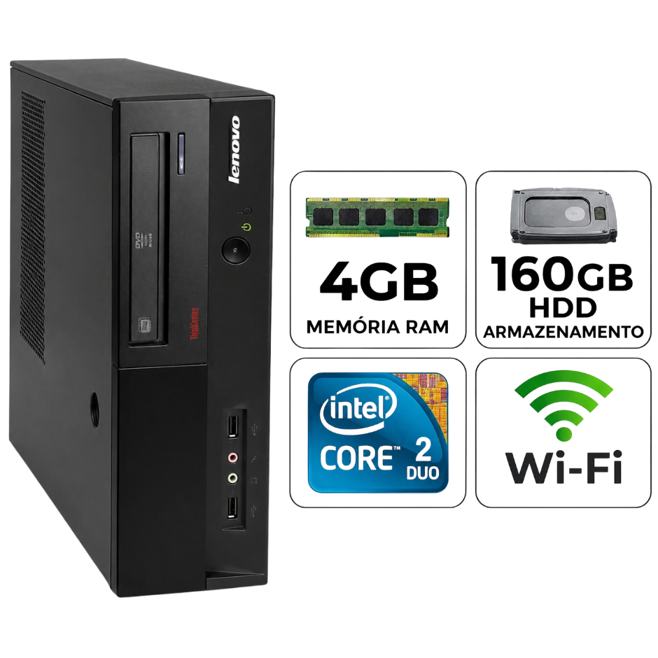 Computador Lenovo Core 2 Duo 4GB Ram 160GB HD Wifi Torre CPU Trabalho Estudo Nota Fiscal