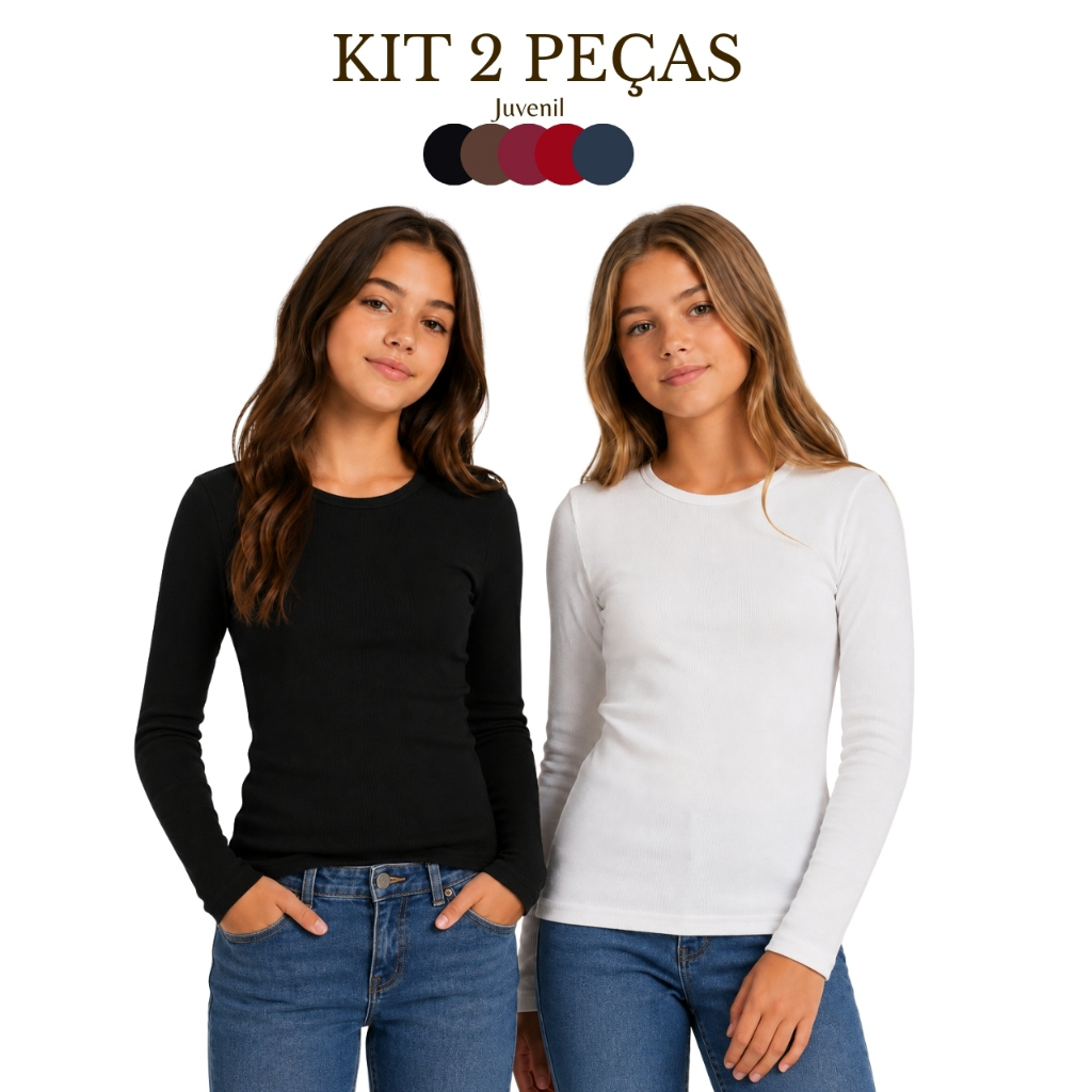 Kit 2 Peças Blusa Juvenil Feminina Manga Longa Gola Redonda Ribana Canelada Básica Inverno
