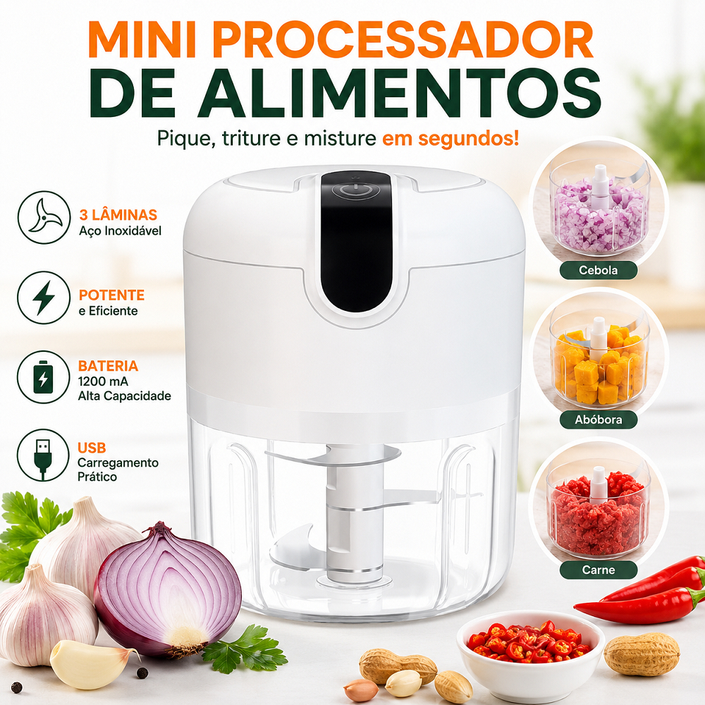 Mini Processador De Alimentos 3 Lâminas Elétrico Bivolt USB Triturador Alimentos Automáico