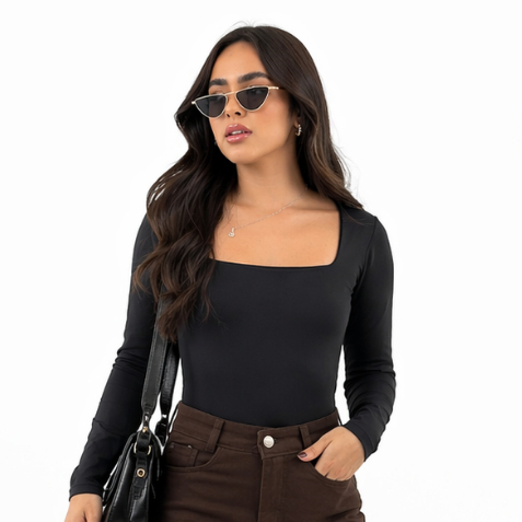 Blusa Poliamida Premium Manga Longa Decote Quadrado  Frente Dupla Feminina Não Transparente | Tamanho Único 36 ao 44