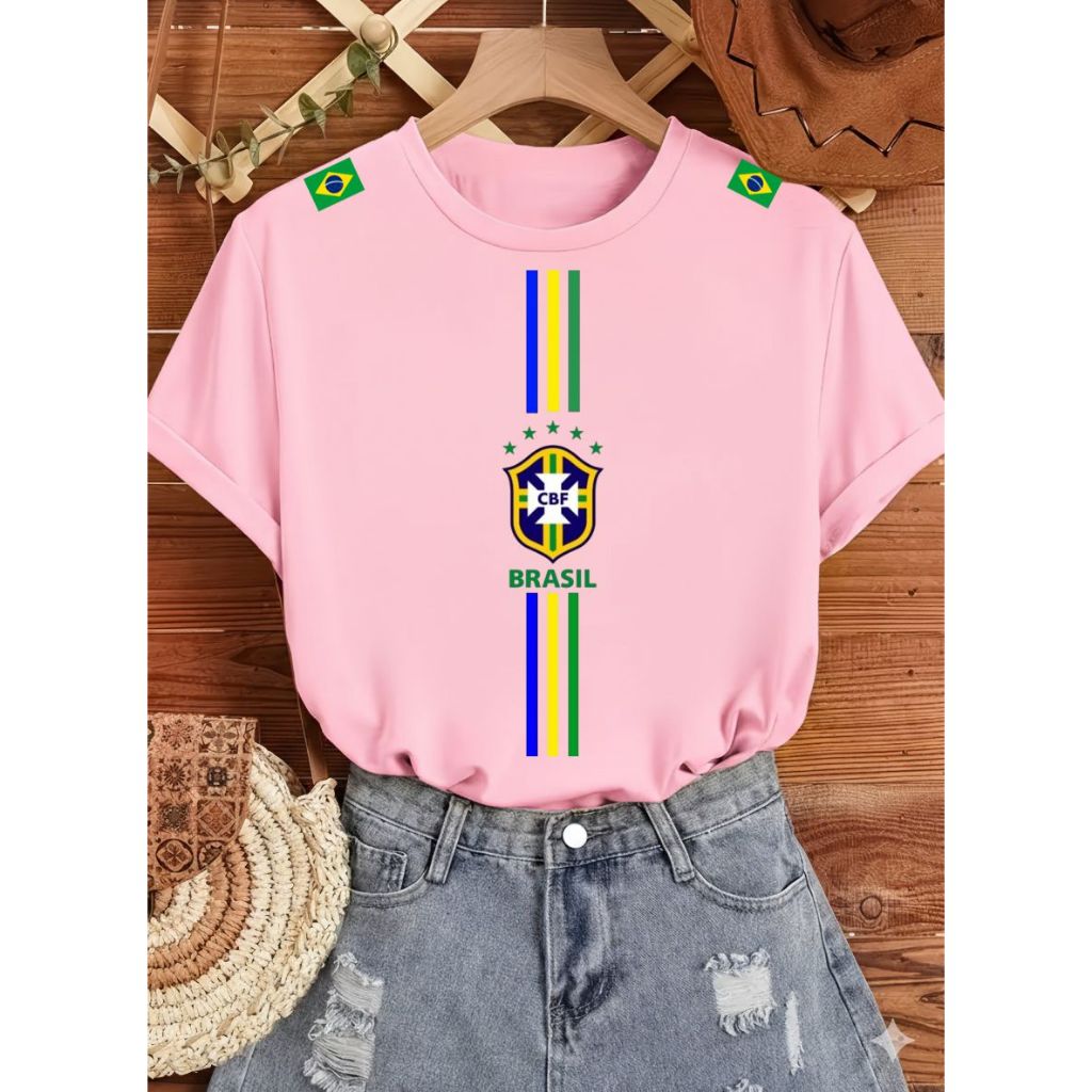 Detalhes do Camiseta blusa feminina estilosa descolada 100%algodão feminina confortavel torcer brasil faixa
