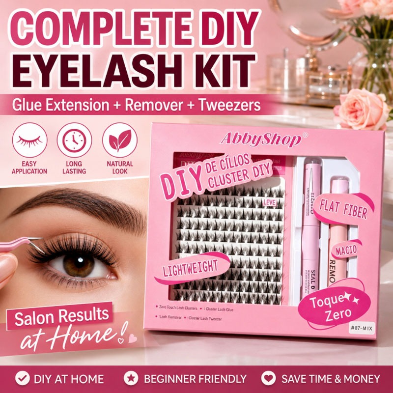 Kit Cílios DIY Completo Extensão a Cola + Removedor + Pinça Fácil Aplicação CAIXA ROSE