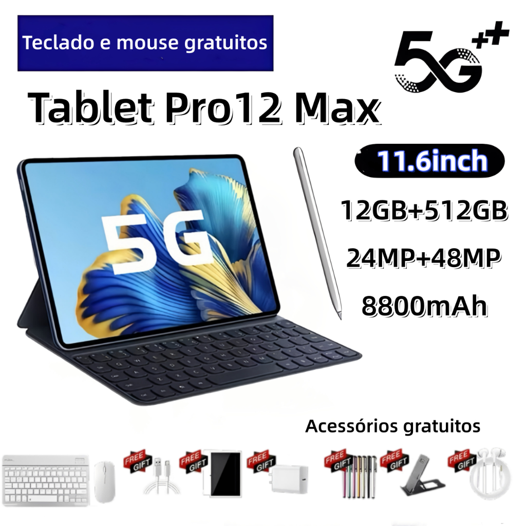 【Teclado e mouse gratuitos】Tablet Pad  iPro12 Max 12 GB de RAM + 512 GB de ROM Tela HD de 11,6 polegadas Android5G