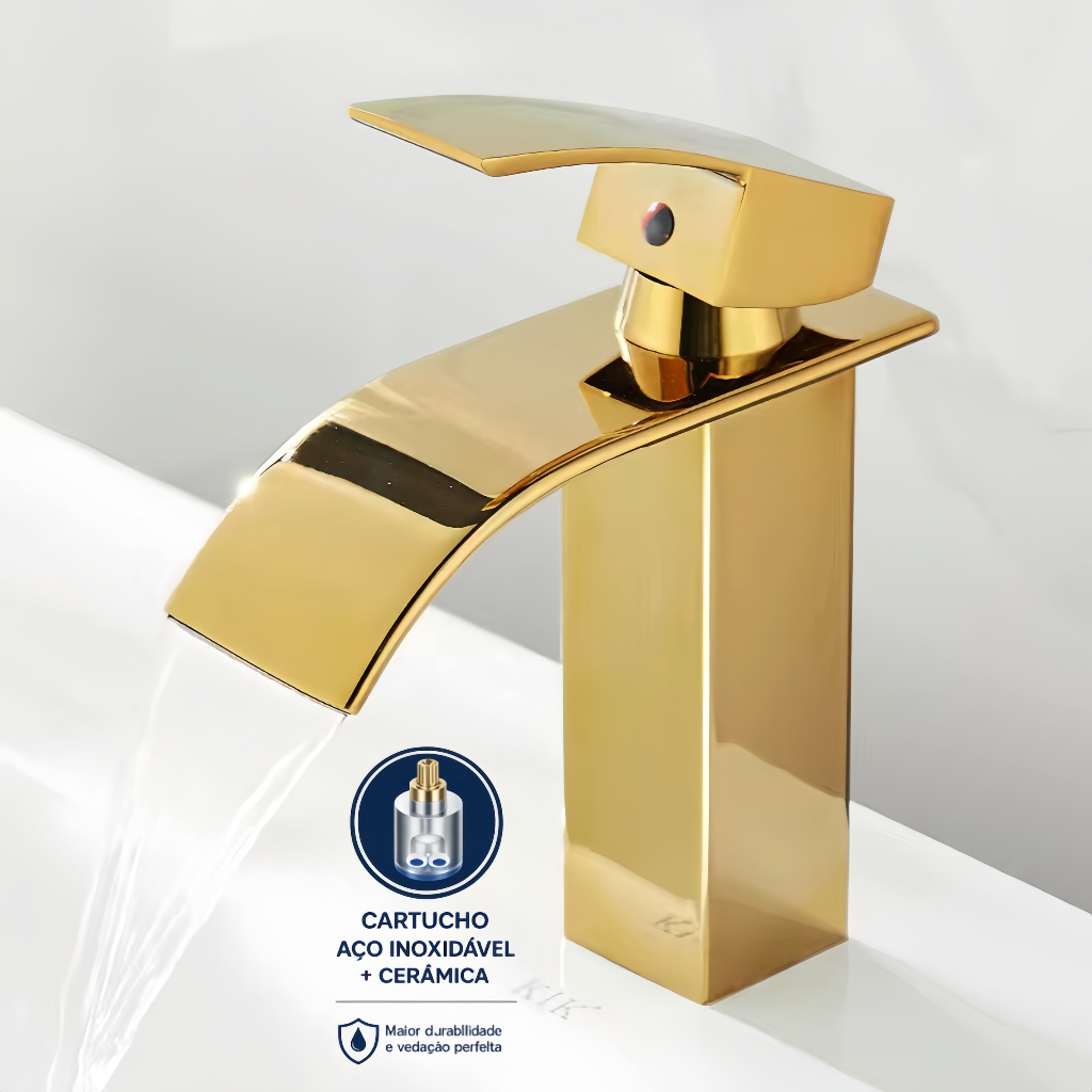 Torneira Pia Banheiro Bancada Cascata Dourada Luxo Misturador Monocomando Bica Baixa 18cm Yesop