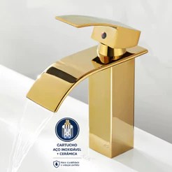 Torneira Pia Banheiro Bancada Cascata Dourada Luxo Misturador Monocomando Bica Baixa 18cm Yesop