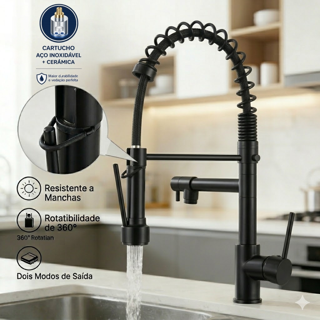 Torneira Pia Cozinha Gourmet Inox Monocomando Quente E Frio Cor Preto Fosco Yesop