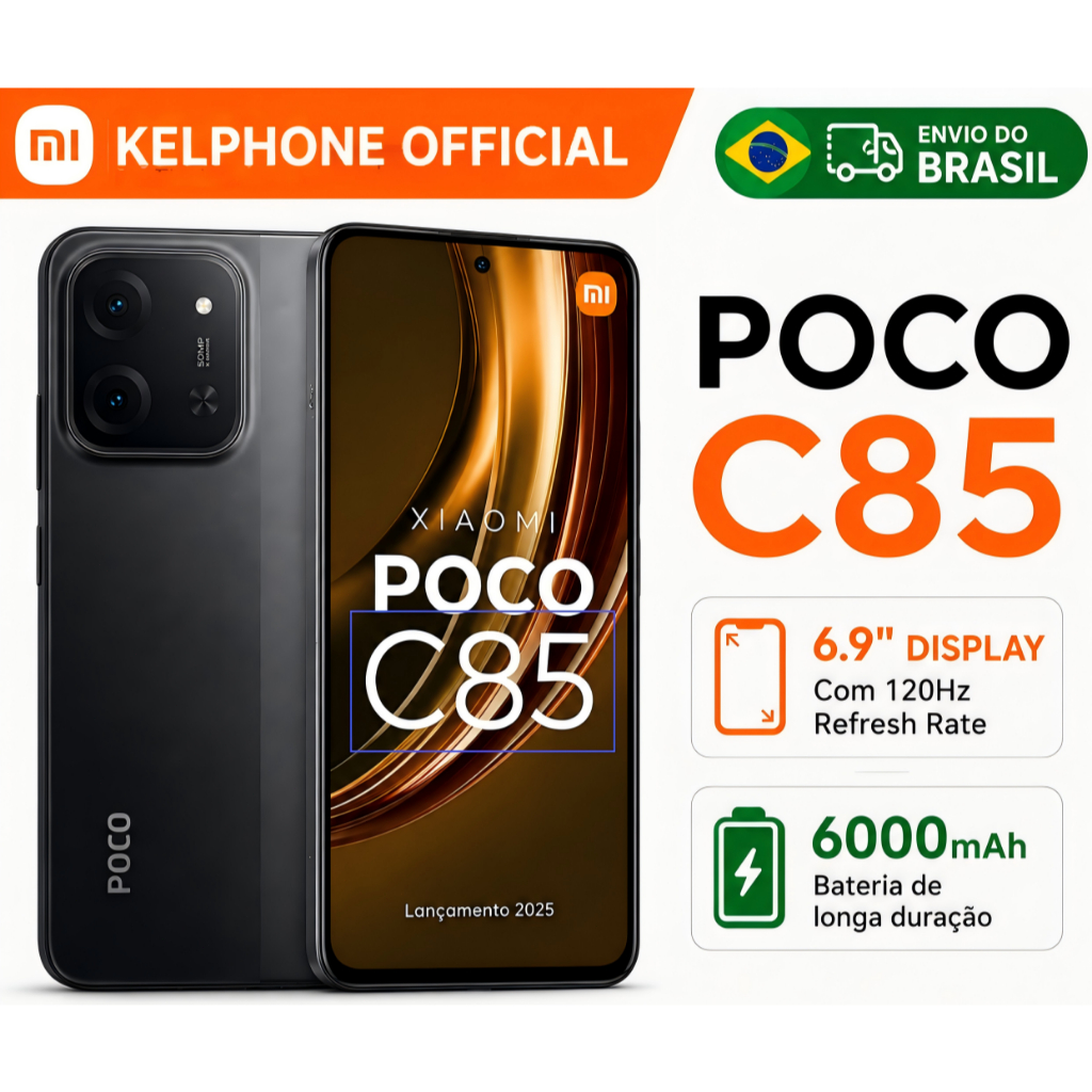 Smartphone Original Xiaomi POCO C85 4G NFC Tela 6.9” 120Hz Bateria 6000mAh Carga Rápid