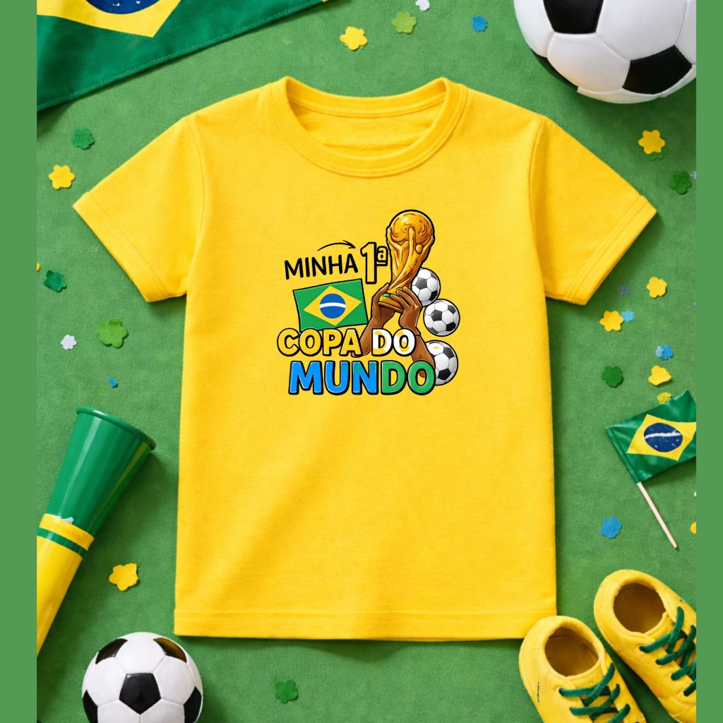 Camiseta Infantil Unissex Minha primeira Copa do Mundo Seleção Brasileira Brasil Rumo ao Hexa