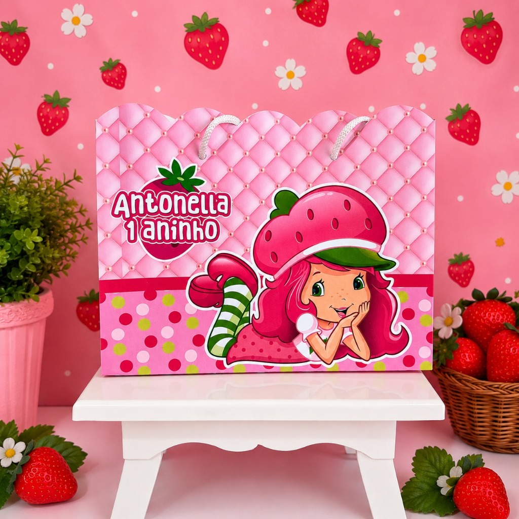 Kit Sacolinhas G + Adesivos Moranguinho Personalizada Lembrancinhas Surpresa Infantil Aniversário PEGUE E MONTE
