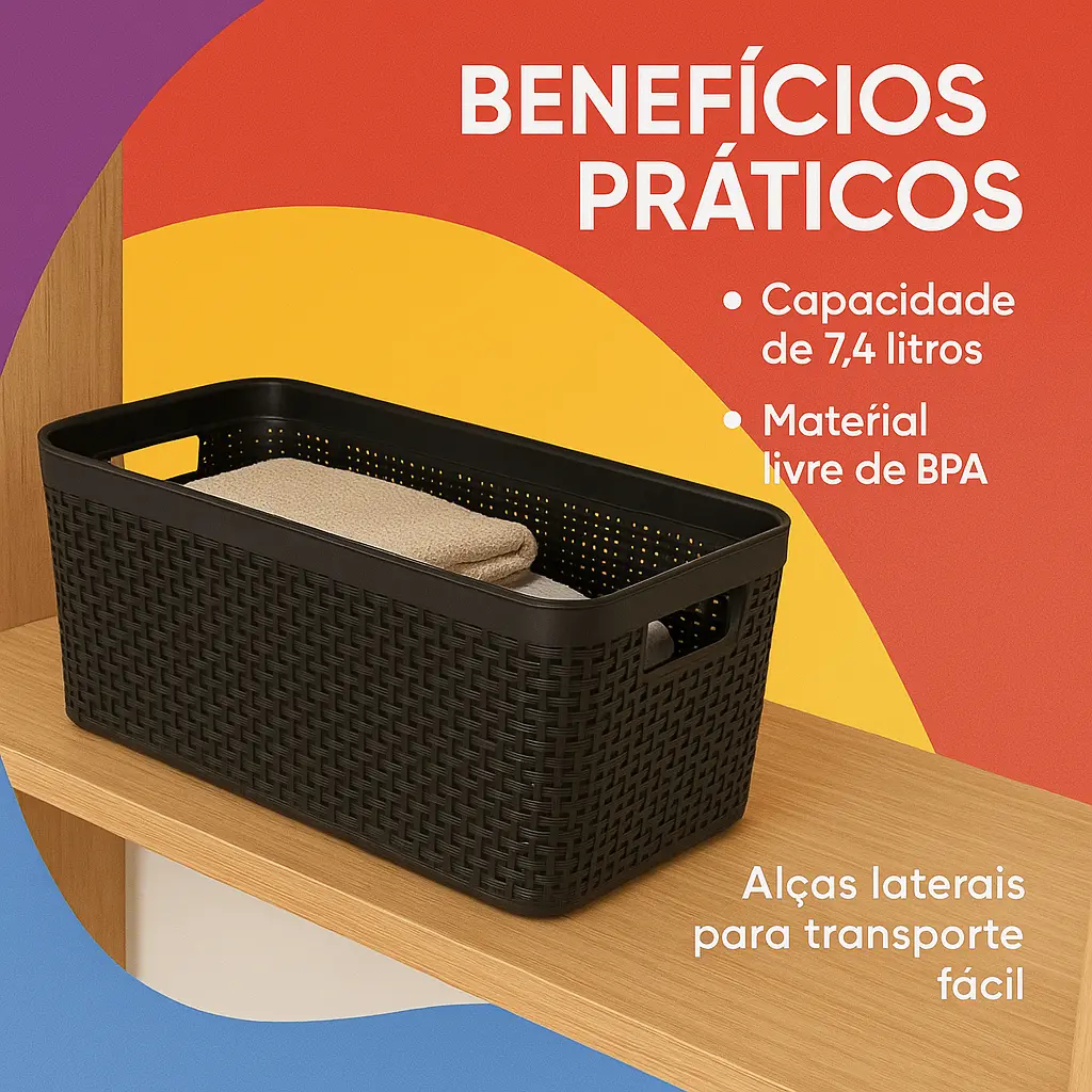 Kit Cesto Juta Organizador 7,4l Alongado Grande Decoração Preto