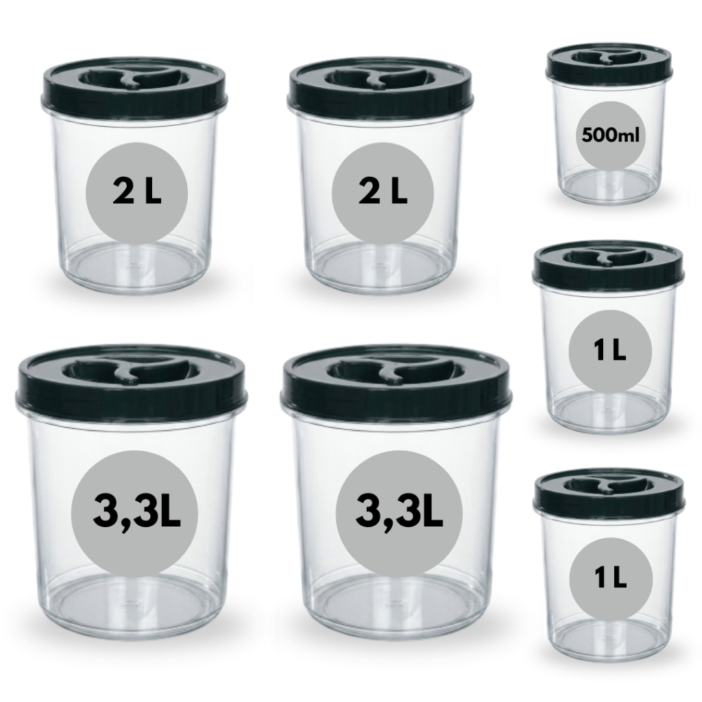 Jogo 7 Potes Mantimento Redondo 2 De 3,3L + 2 de 2L + 2 De 1L + 1 de 500ml Transparente Tampa Rosca