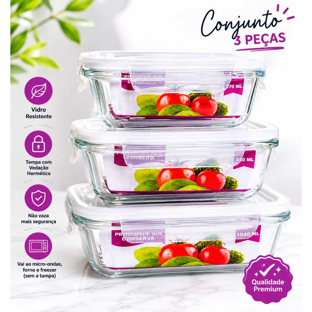 Kit de 2 ou 3 Potes Herméticos de Vidro Premium com Tampa - Marmita, Freezer e Micro-ondas