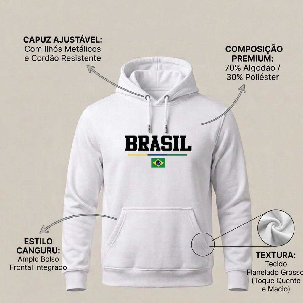 Moletom Brasil Masculino Feminino Branco Preto Algodão Grosso Flanelado Copa Seleção Brasileira Hexa  Bolso Capuz