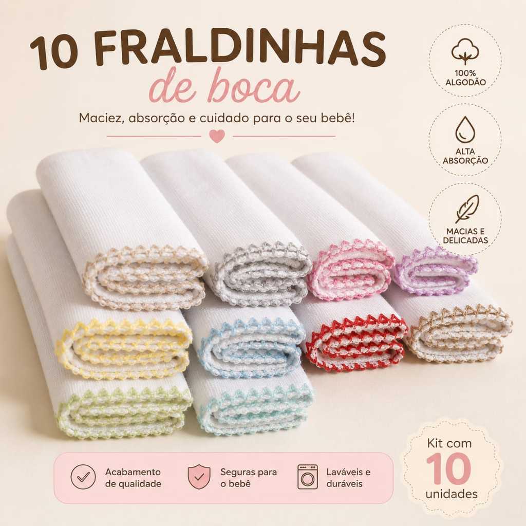 Kit 10 Fraldinhas De Boca Bebê 100% Algodão Acabamento Picueta Toalhinha Pano De Boca Enxoval Macia Alta Absorção
