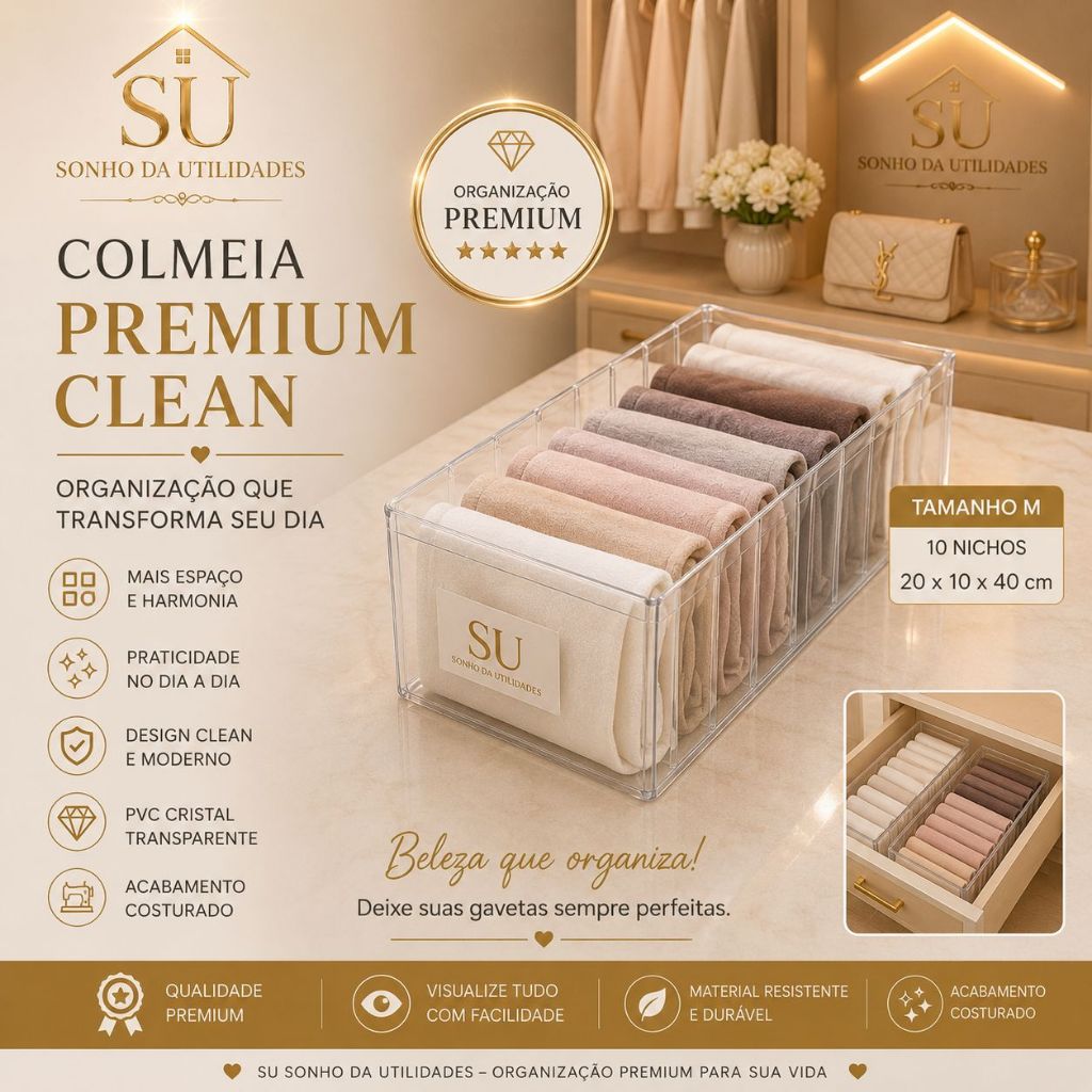 Colmeia Premium Clean M Transparente Organizador de Gaveta PVC Cristal 10 Nichos