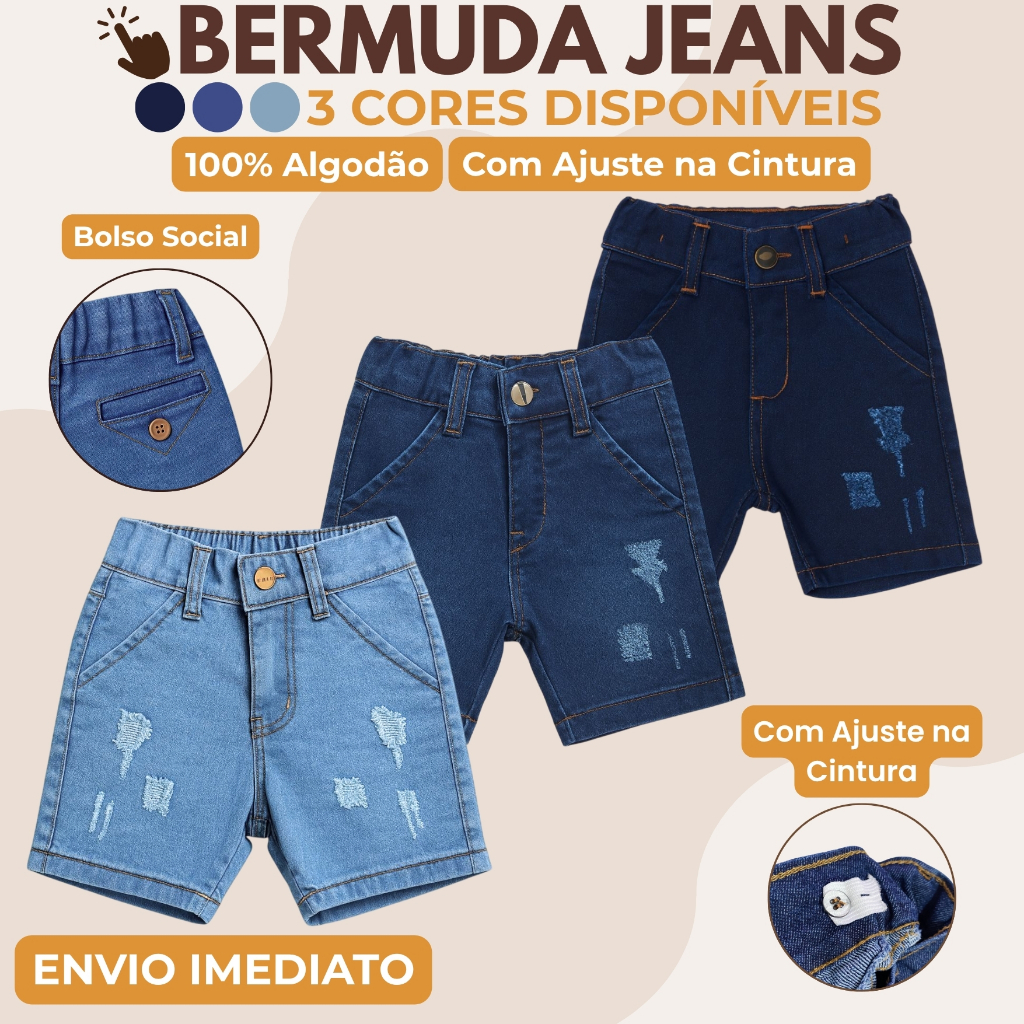 Bermuda Infantil Jeans Masculina com Regulador Interno Lycra Short Confortável Menino