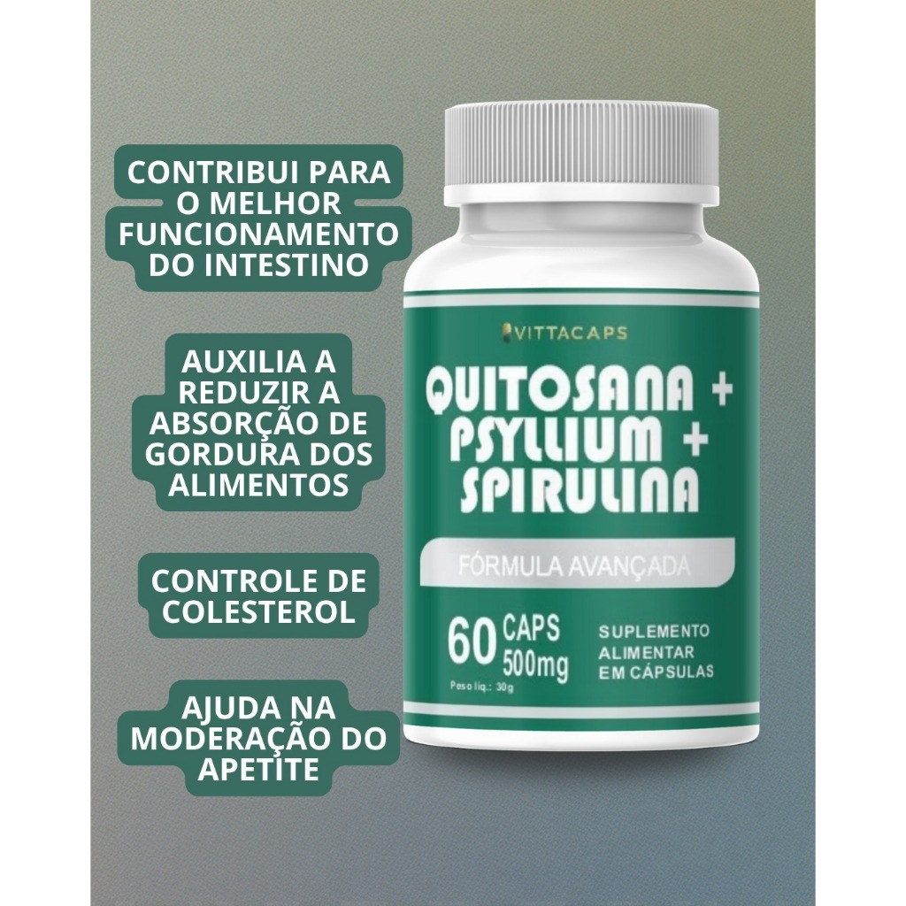 Quitosana com Spirulina+ Psyllium-QPS 500mg 60 Cápsulas-EMAGRECIMENTO NATURAL