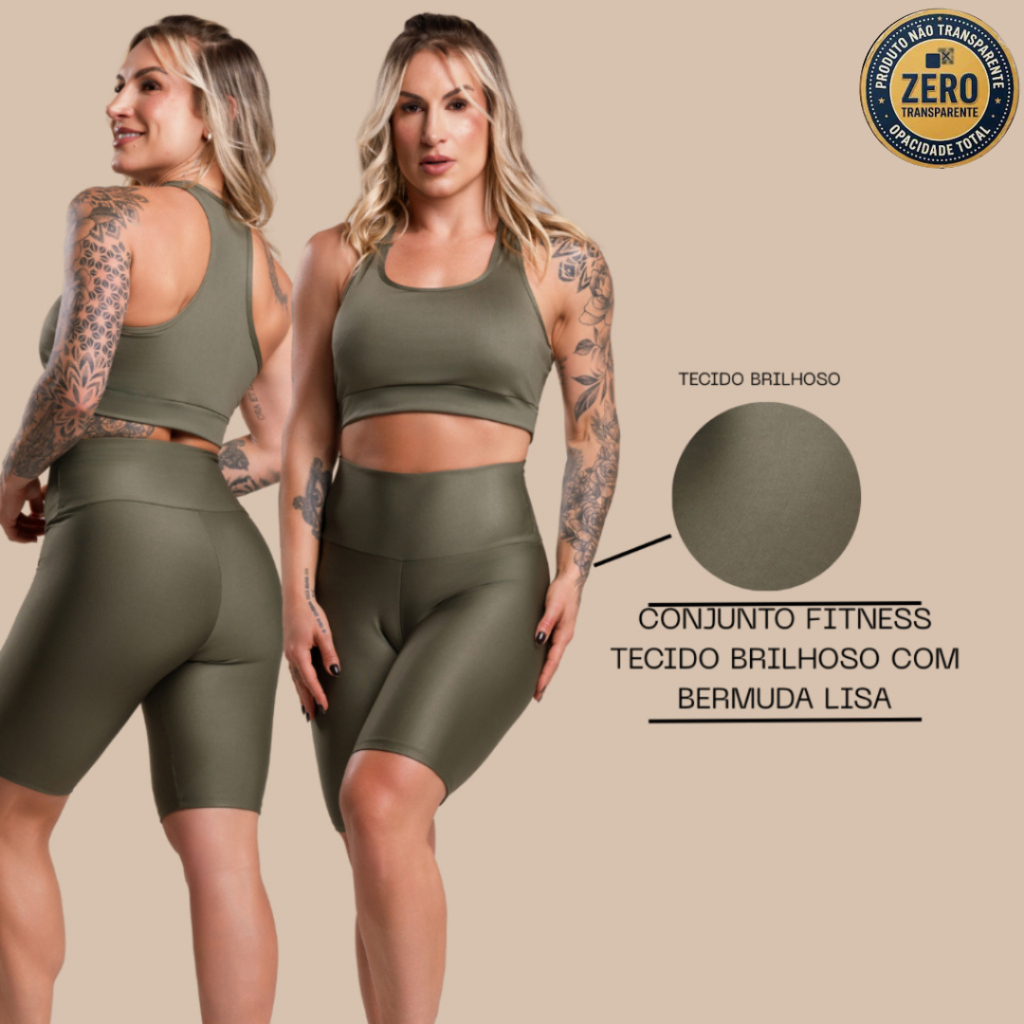 Conjunto Fitness Feminino Brilhoso Academia Top Nadador Liso e Bermuda Lisa Cintura Alta Com Brilho ZERO TRANSPARÊNCIA
