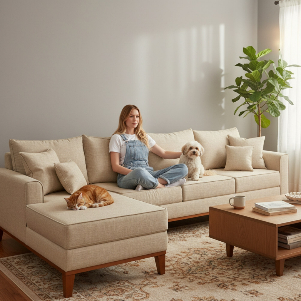 Sofá 4 Lugares Beny com Chaise Esquerdo Suede Bege