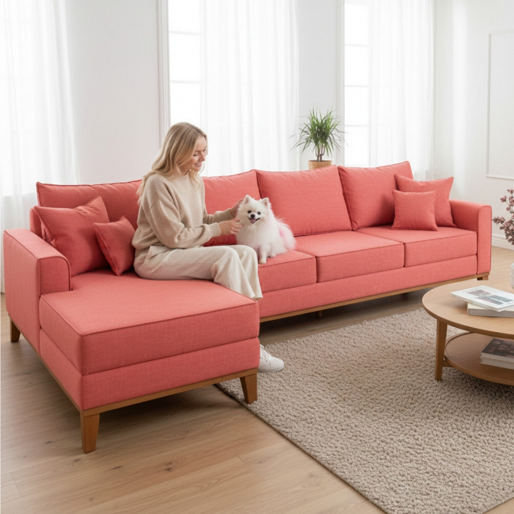 Sofá 4 Lugares Beny com Chaise Esquerdo Suede Rosa