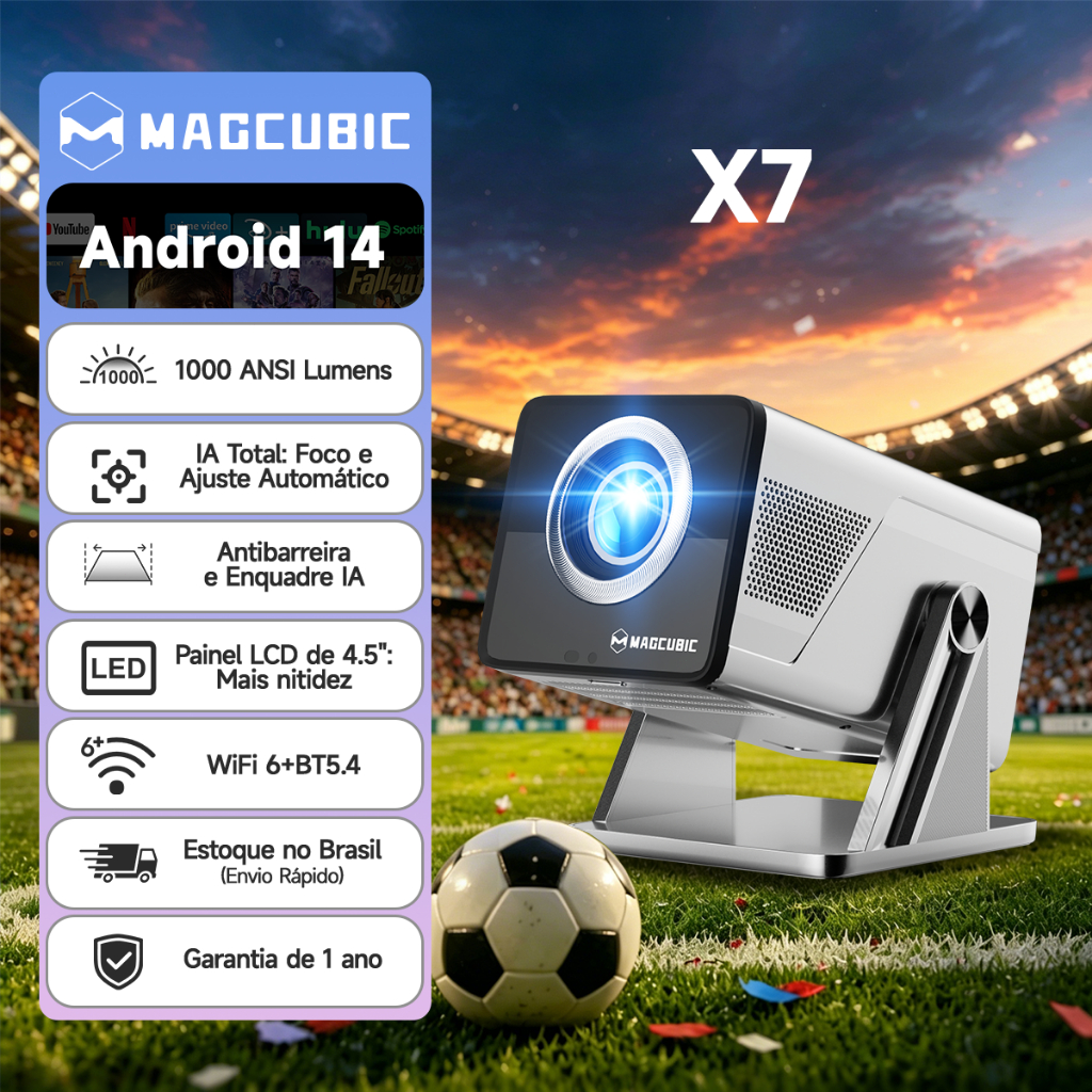 MAGCUBIC X7 Smart Projetor 4K 1000 ANSI Android 14 Foco automático e Keystone WiFi6 Bluetooth 5.4