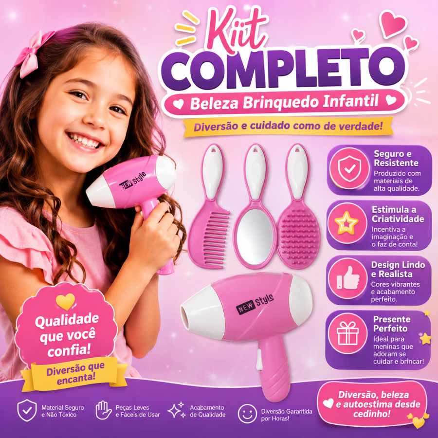 KIT BRINQUEDO INFANTIL BELEZA COM ACESSÓRIOS, CHAPINHA E SECADOR